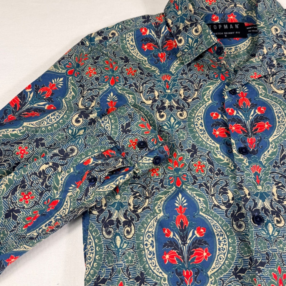Topman Button Down Shirt S Blue Red Floral Damask Stretch‎ Skinny Fit Long Slv